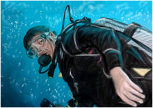 Load image into Gallery viewer, Color portrait with background - man underwater drawn with scubadiving kit - colour portrait - drawings and portraits from your photos - drawking.com - DrawKing