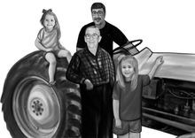 Load image into Gallery viewer, Black and white portrait with a large object - Family with tractor - Black & white portrait - drawings and portraits from your photos - drawking.com - Drawking