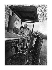 Black and white portrait of large object - On tractor with children  - drawings and portraits from your photos - drawking.com - DrawKing