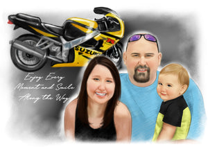 Color portrait with large object - Family drawn with motorcycle and writing - colour portrait - drawings and portraits from your photos - drawking.com - DrawKing