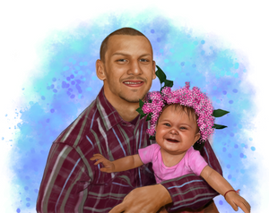 Color portrait with pattern background - Dad and daugther drawn together - colour portrait - drawings and portraits from your photos - drawking.com - DrawKing