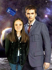 Color portrait with background - girl drawn with doctor who in space theme - colour portrait - drawings and portraits from your photos - drawking.com - DrawKing